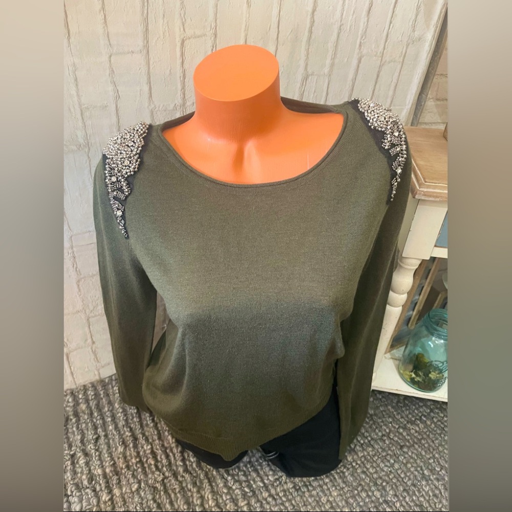 Lucy Paris Army Green Embellished Sweater Sz M NWT!